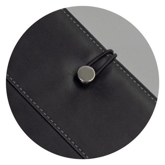 A black Melrose Portfolio with a button closure detail and contrasting stitching. It features a logo.