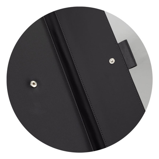 A black portfolio with a snap closure, featuring a smooth interior and a section for storing documents.
