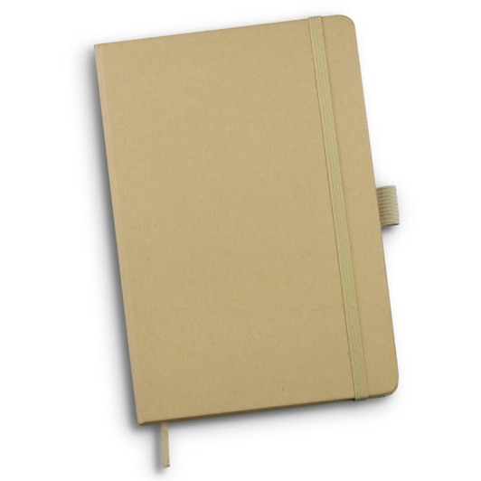 A kraft notebook with a rubber band closure, featuring a beige cover and a bookmark ribbon.