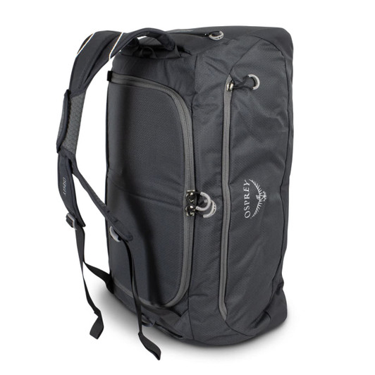 A grey duffle bag featuring shoulder straps and a logo, designed for versatile storage and transport.