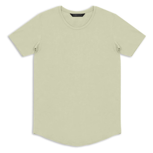 A light green men's T-shirt with a round neckline and short sleeves. It features a branded label.