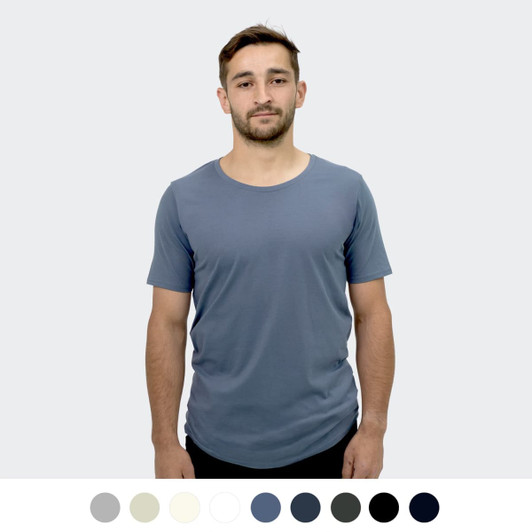 A man wearing a blue TRENDSWEAR Carmen men's T-shirt, available in multiple colours.