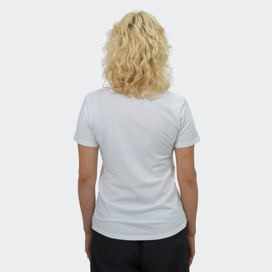 A white women's t-shirt from the back, featuring short sleeves and a fitted design. The model has wavy blonde hair.