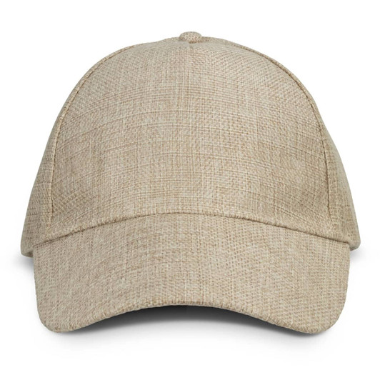 A beige cap with a textured fabric and a curved brim. The cap features a branding logo.