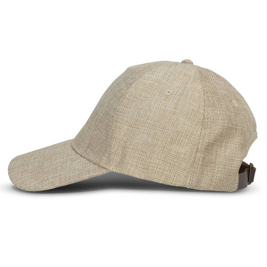 A beige cap with a textured fabric, featuring a back strap and an adjustable closure. It has a logo.