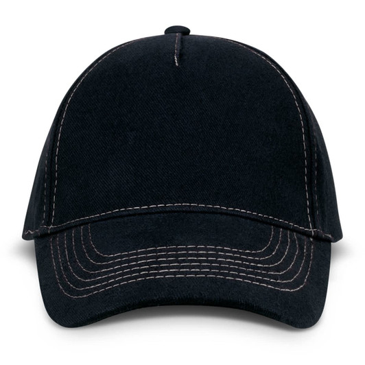 A black cap with contrasting stitching and a curved brim, featuring a logo on the front.