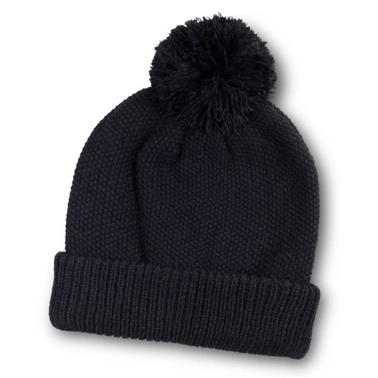 A black beanie with a textured pattern and a fluffy pom-pom on top, featuring a ribbed cuff.