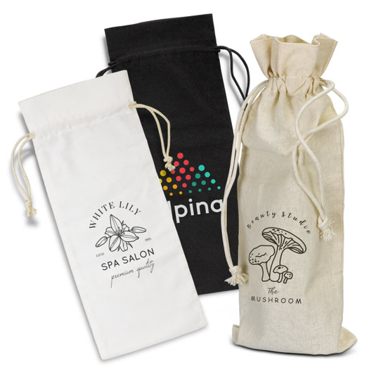 Three cotton drawstring bags in black, white, and natural, featuring different designs and logos.