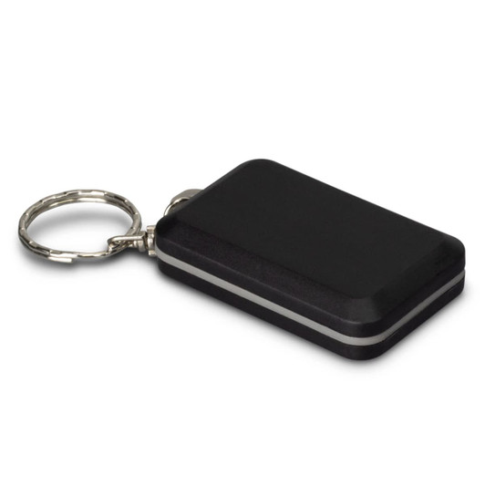 A black COB light key ring with a rectangular design and a metal keyring attachment. It has a sleek, minimalist appearance.