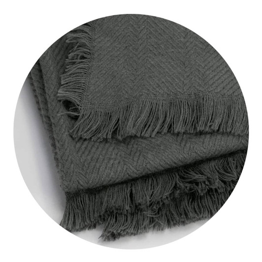 A grey throw blanket featuring a herringbone pattern and fringed edges, displayed in a circular format.