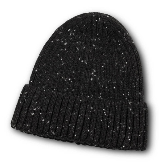 A black beanie with a speckled design and a rolled cuff, featuring a logo on one side.