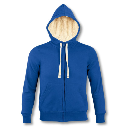 A blue unisex zipped sweatshirt with a cosy sherpa-lined hood and front pockets; features a logo.
