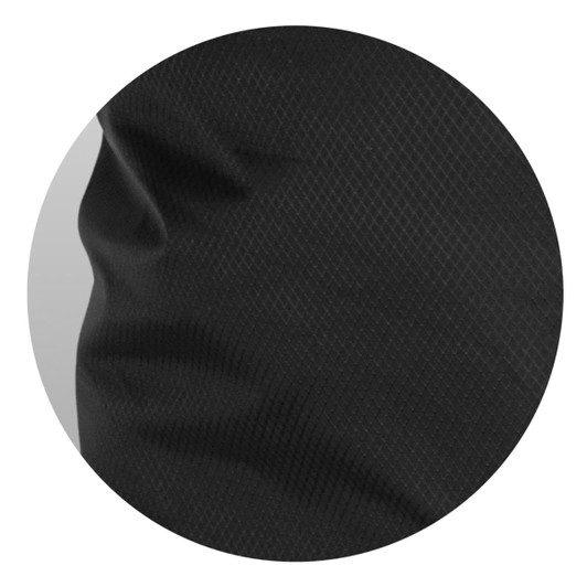 A close-up of a textured black fabric, featuring a subtle geometric pattern. The material appears lightweight and durable.