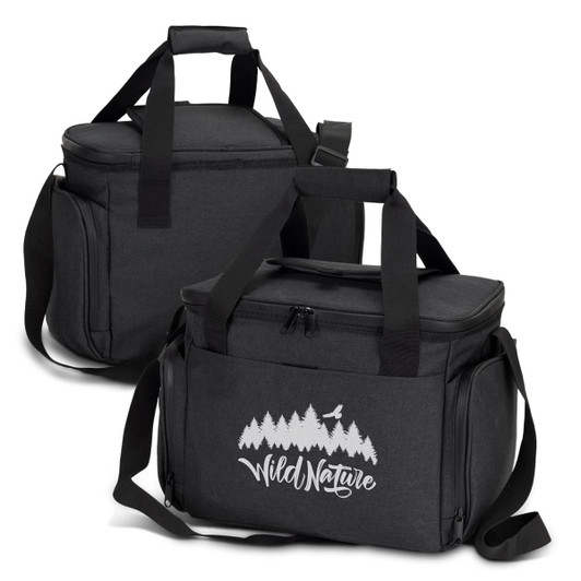A black cooler bag with a shoulder strap and a front logo, featuring a zippered top and spacious interior.