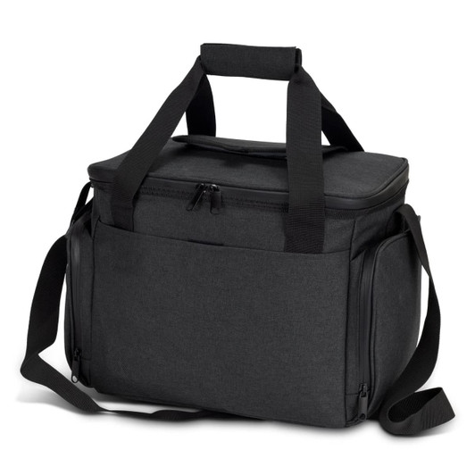 A dark grey cooler bag with a zippered top, adjustable shoulder strap, and sturdy handles. Features a logo.