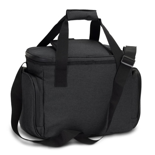 A black cooler bag with a top handle and adjustable shoulder strap, featuring a sleek design and storage compartments.