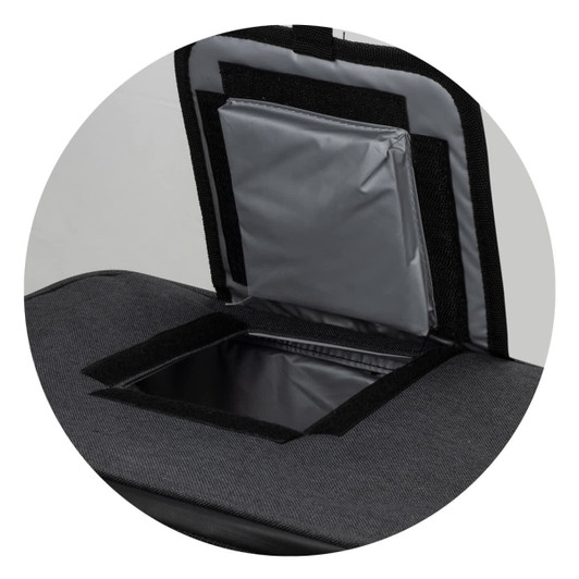 A black cooler bag with a grey insulated section and a zippered access point. It features a branding logo.