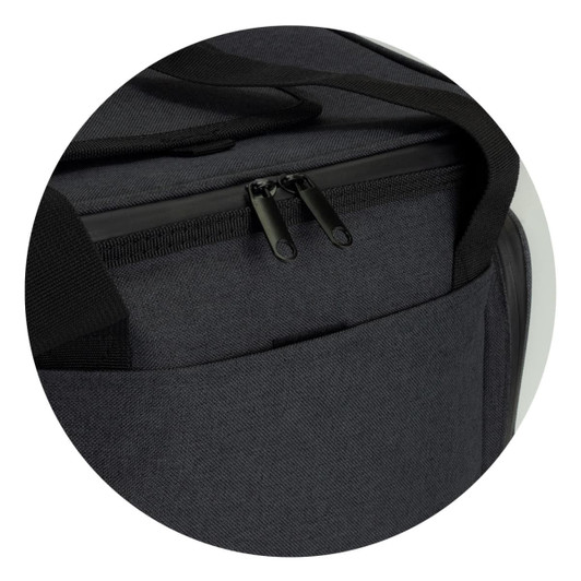 A black cooler bag with a zippered opening and a front pocket, featuring a sturdy handle and branding.
