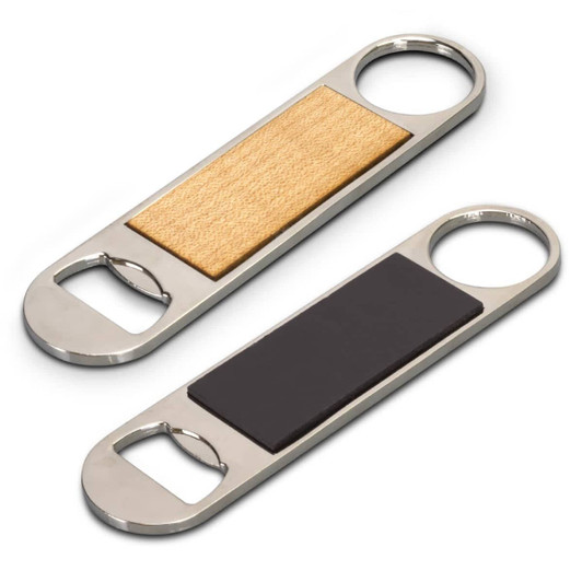 A drink bottle opener in silver metal with a wooden and black rubber grip. It features a magnet on the back.
