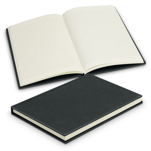 A black recycled cotton hard cover notebook with lined pages, showing both the cover and the open interior.