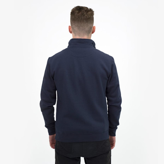 A unisex quarter zip jumper in navy blue, featuring a simple design and a collar, with a logo on the back.