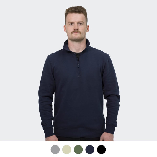 A navy quarter zip jumper featuring long sleeves, a collar, and a logo. Available in multiple colours.