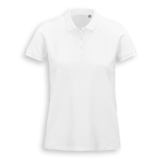 A white women's polo shirt featuring a collared neckline and short sleeves, with a subtle logo on the chest.