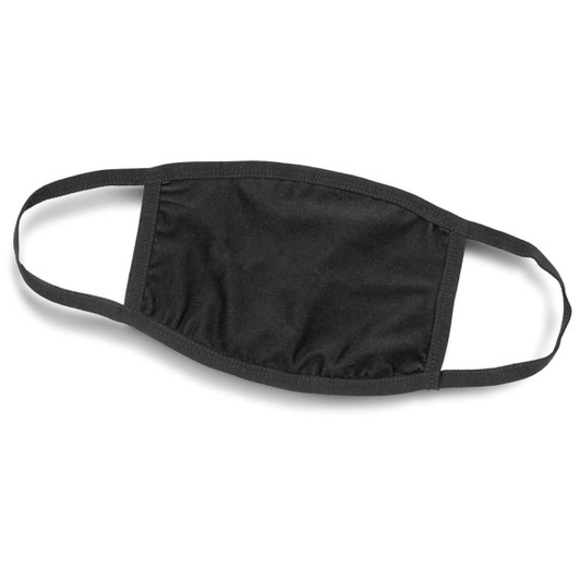 A black reusable 3-ply cotton face mask with elastic ear straps and a logo.