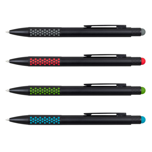 A set of four stylus pens in black with grey, red, green, and blue accents, each featuring a logo.