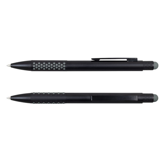 A stylus pen in black with a textured grip and a smooth finish, featuring a logo.