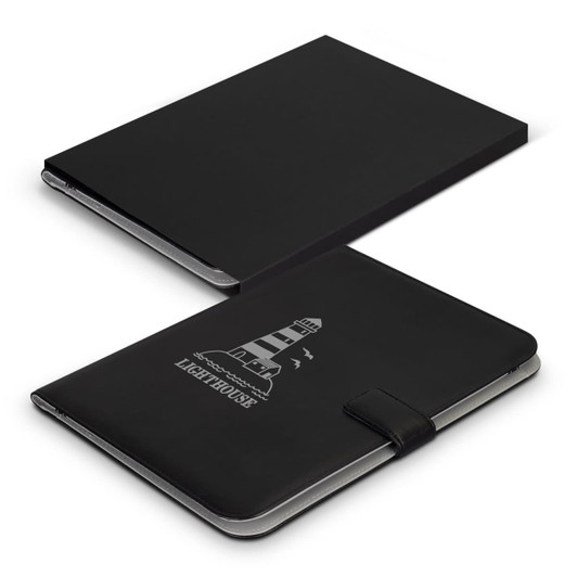 A black portfolio with a lighthouse design, featuring a secure strap closure and a sleek finish.