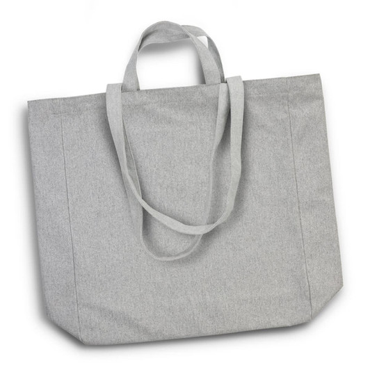 A grey tote bag with two handles, featuring a simple design and a logo.