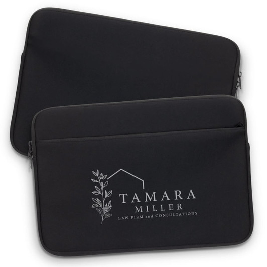 A black laptop sleeve featuring a logo on the front, with a smooth zip closure and a sleek design.