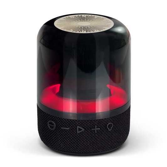 A black and transparent Bluetooth speaker with a rounded design and red illumination at the base. It features a logo.