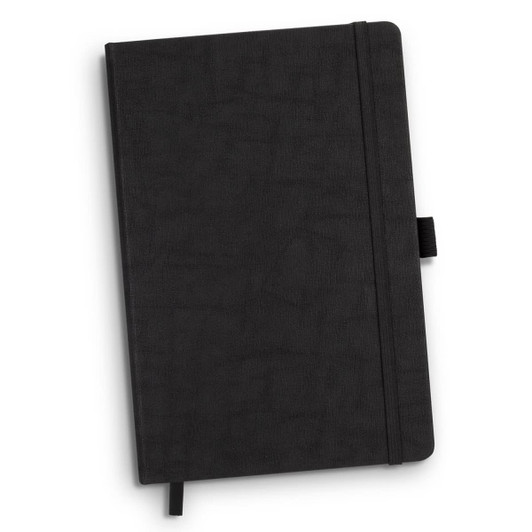 A black notebook with a textured cover, featuring an elastic band closure and a ribbon marker.
