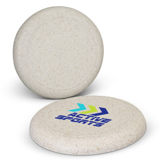 A frisbee in a speckled white colour with a logo on one side and a plain surface on the other.