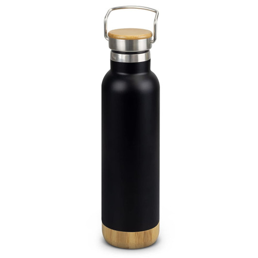A drink bottle in black with a bamboo base and a metal cap, featuring a handle for easy carrying.