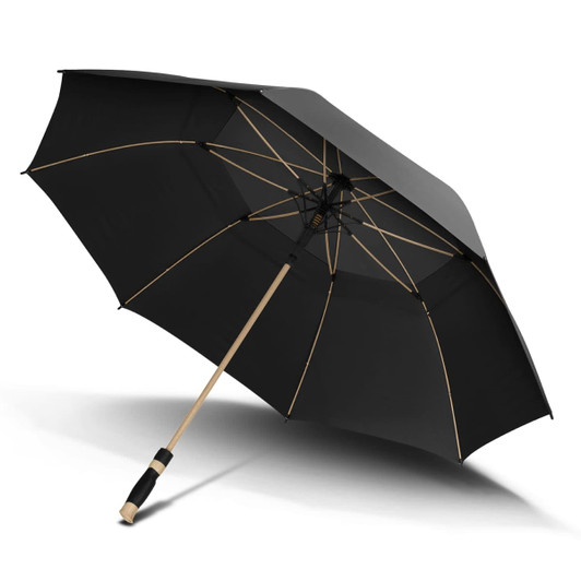A black sports umbrella with a wooden handle and a sleek design. It features a logo on the shaft.