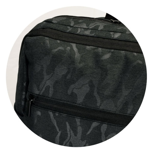 A black and grey camouflage backpack featuring a zippered pocket and a textured fabric design.