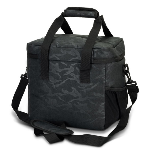 A black cooler bag with an urban camo pattern, featuring two sturdy handles and a detachable shoulder strap.