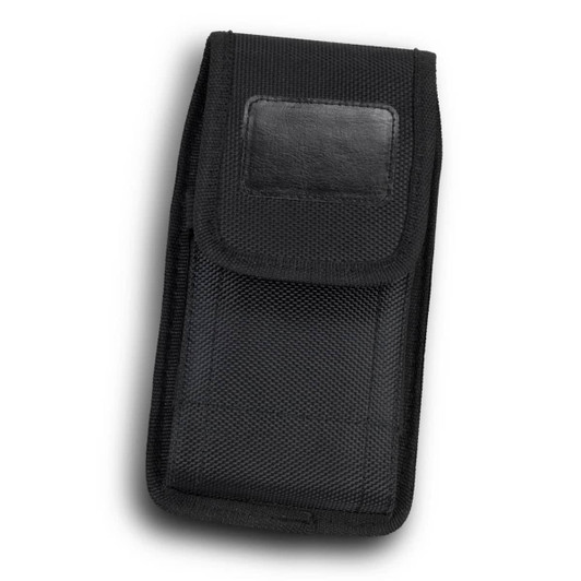 A black phone pouch with a textured finish and a flap closure. It features a logo.