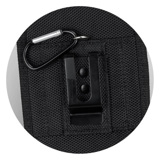 A black phone pouch with a clip and a carabiner attachment. The material appears durable and textured.