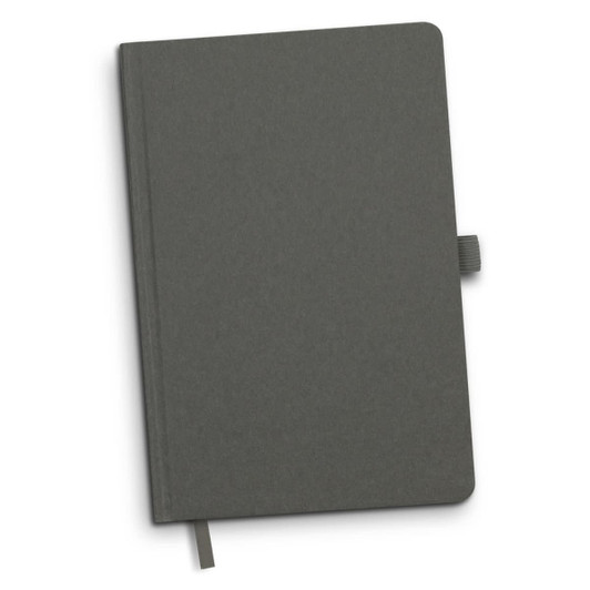 A grey Petros Stone Paper Notebook with a textured cover and an elastic closure. It includes a ribbon bookmark.