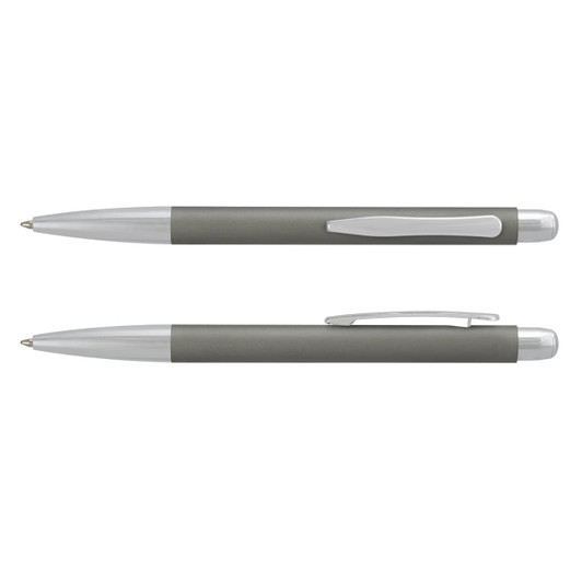 A metal pen in grey and silver, featuring a sleek design and a branding logo.