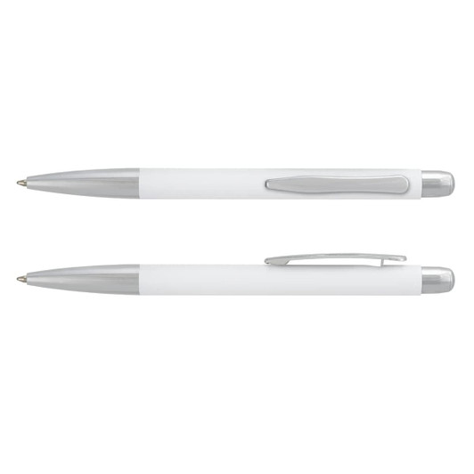 A metal pen with a white barrel and silver accents, featuring a clip and a sleek design.