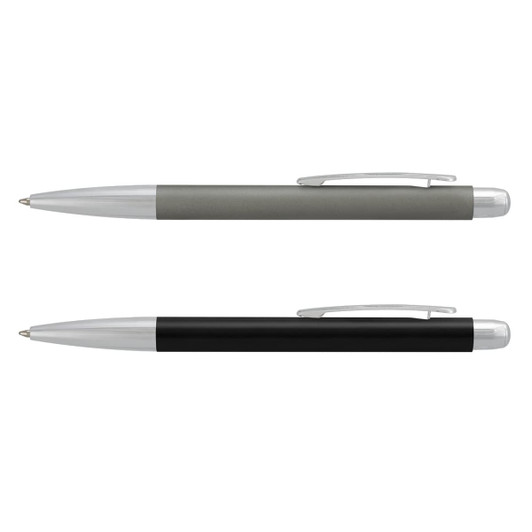 A set of two metal pens in grey and black, each featuring a silver clip and accents.