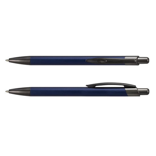 A metal pen in navy blue with a clip and black accents, featuring a sleek design and a branding logo.