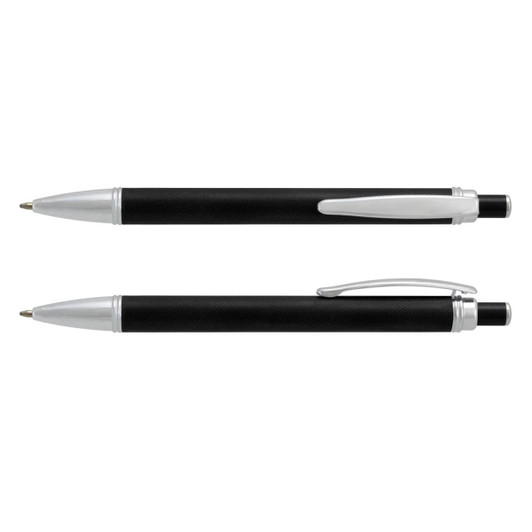 A metal guilloche pen in black with silver accents, featuring a textured grip and a clip.