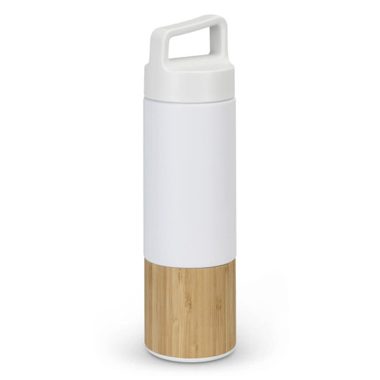 A drink bottle with a white upper section and a bamboo lower section. It features a handle and a logo.