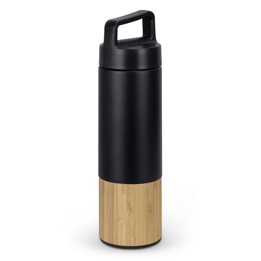 A drink bottle featuring a black top section and a bamboo lower section, with a sturdy handle and a logo.